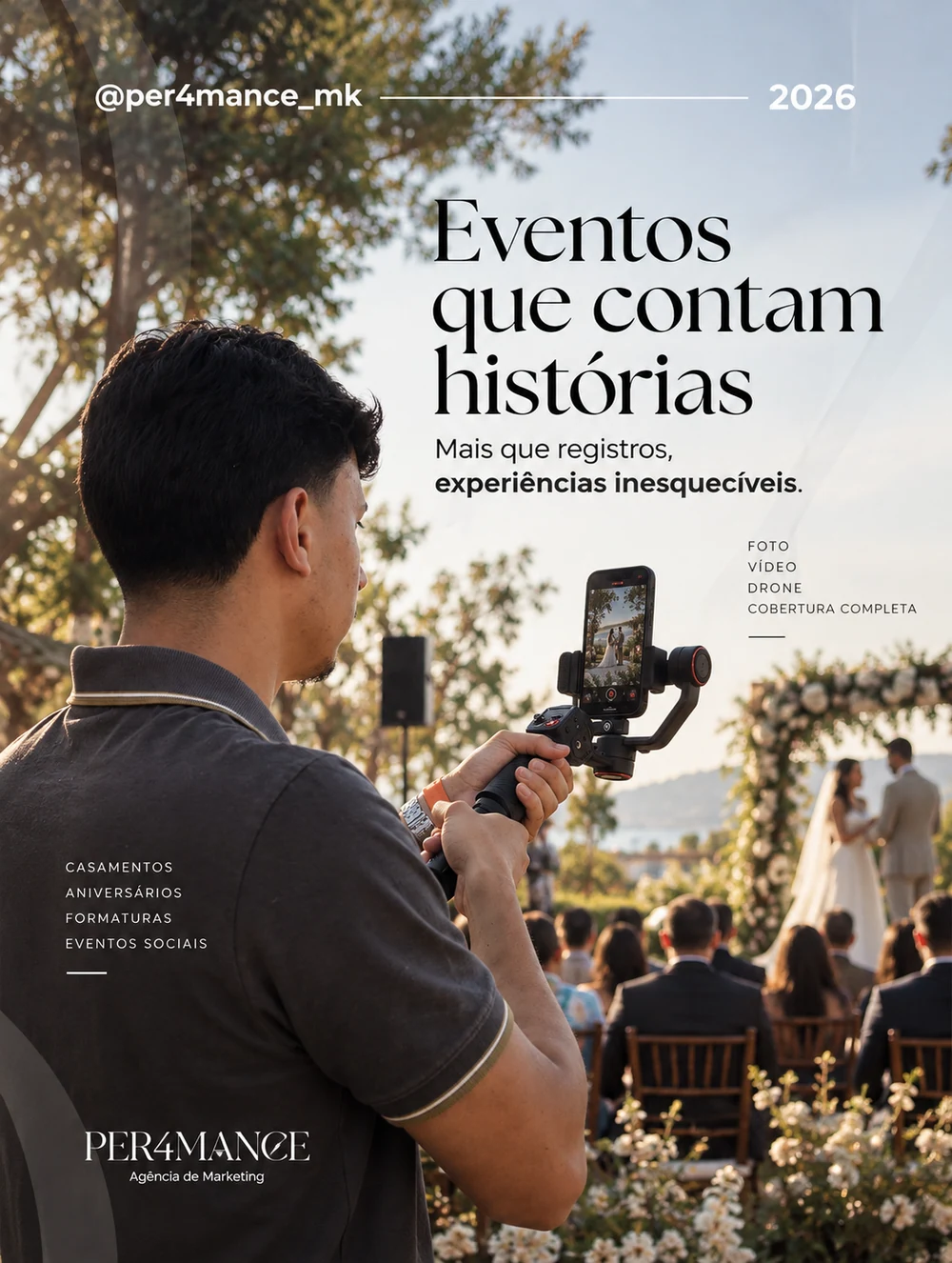 Eventos que contam histórias — foto, vídeo e drone em casamentos, aniversários e formaturas